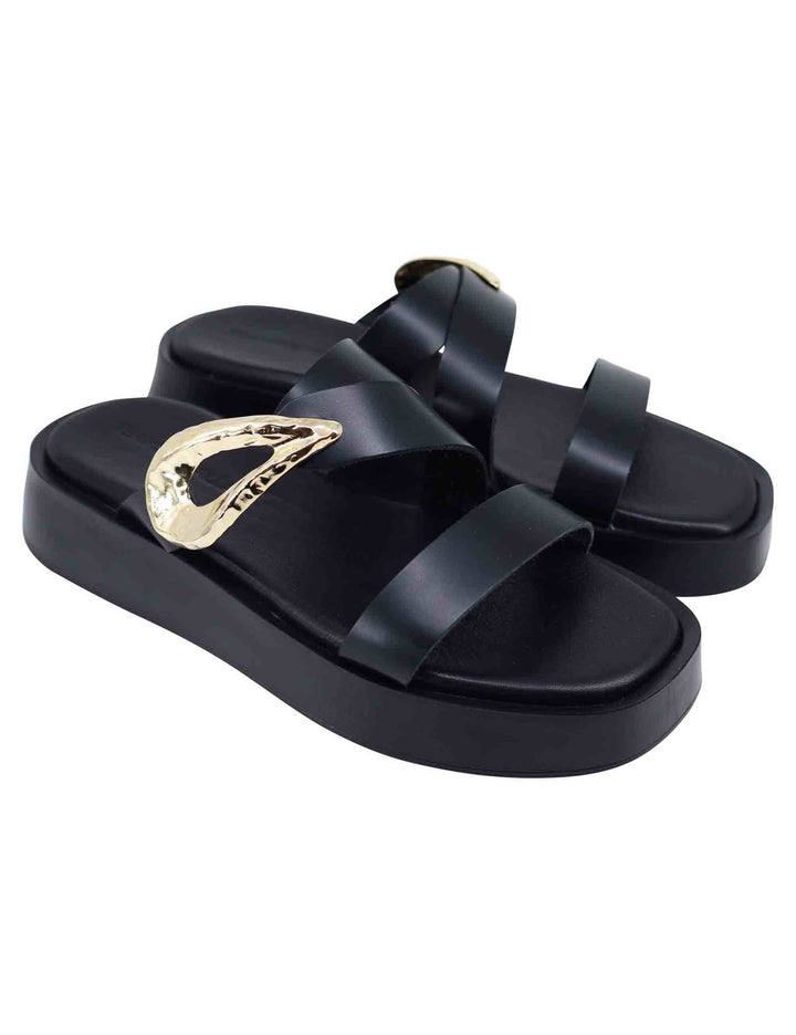 Spatarella Sandali Donna In Pelle Nera Con Accessorio Oro E Zeppa In Gomma