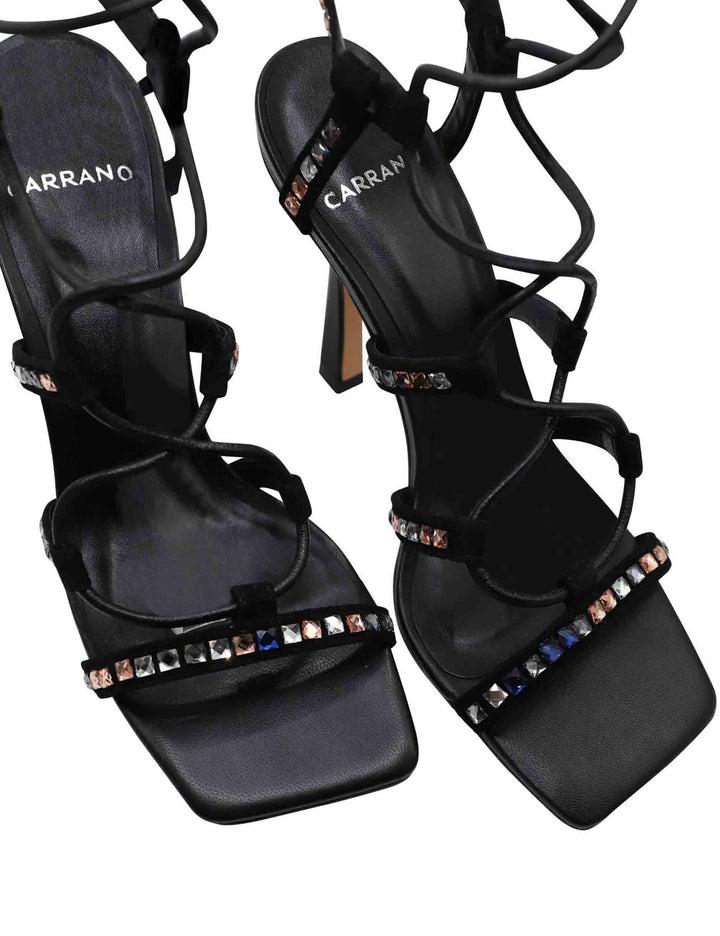 Spatarella Sandali Donna In Pelle Nera Con Borchie Tacco Alto Punta Quadra E Laccetti Alla Caviglia