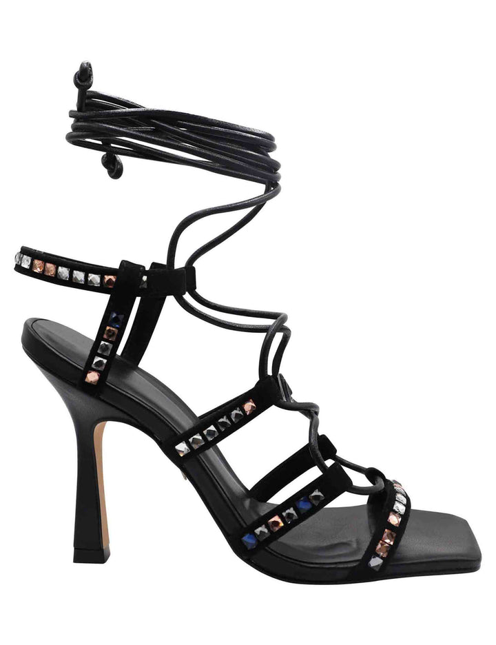 Spatarella Sandali donna in pelle nera con borchie tacco alto punta quadra e laccetti alla caviglia
