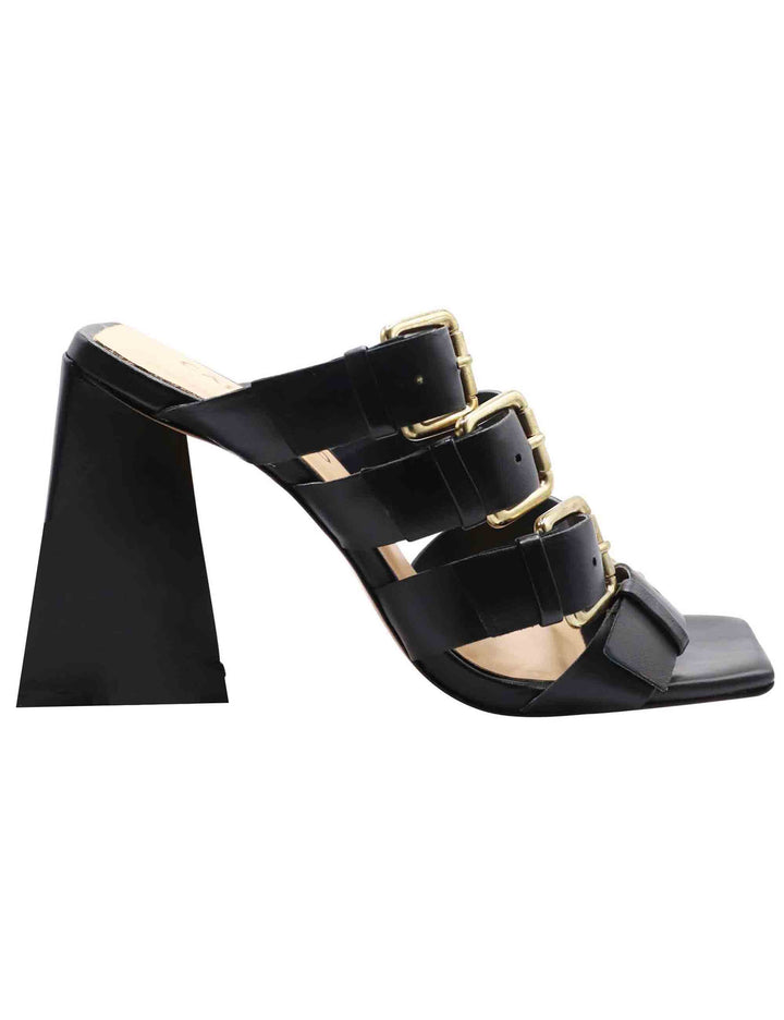 Spatarella Sandali Donna In Pelle Nera Con Fibbie In Oro Tacco Tacco Alto E Punta Quadra