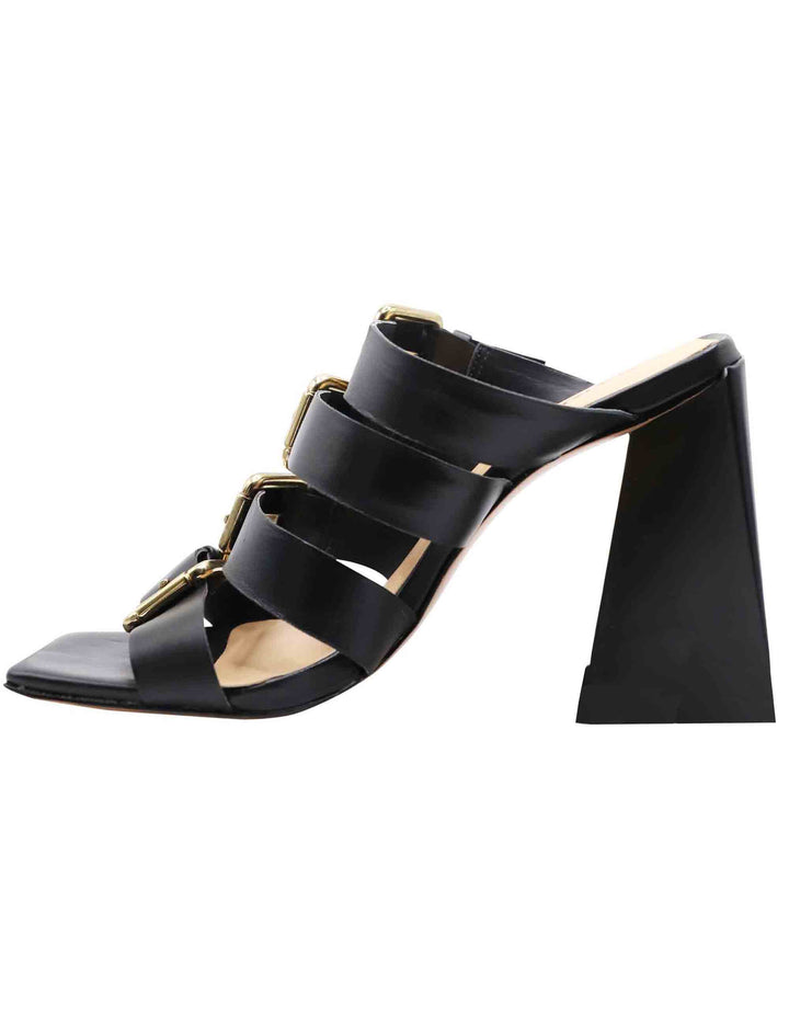 Spatarella Sandali Donna In Pelle Nera Con Fibbie In Oro Tacco Tacco Alto E Punta Quadra