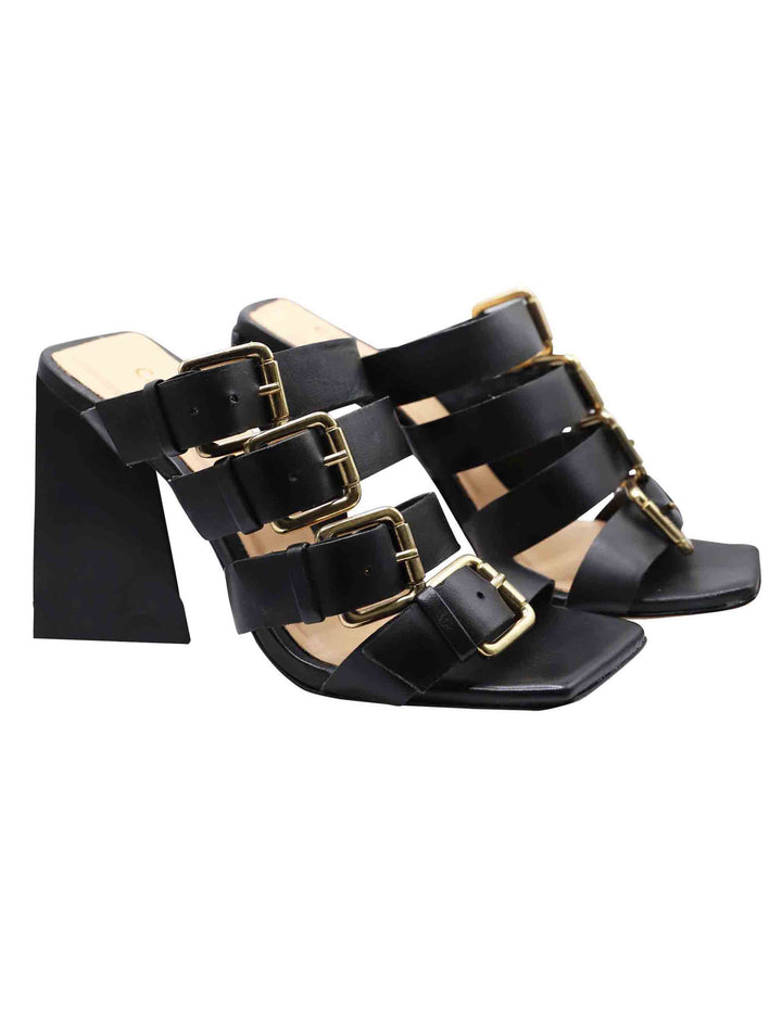 Spatarella Sandali Donna In Pelle Nera Con Fibbie In Oro Tacco Tacco Alto E Punta Quadra