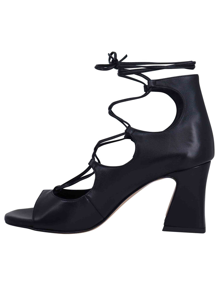 Spatarella Sandali Donna In Pelle Nera Con Lacci Alla Caviglia E Tallone Chiuso