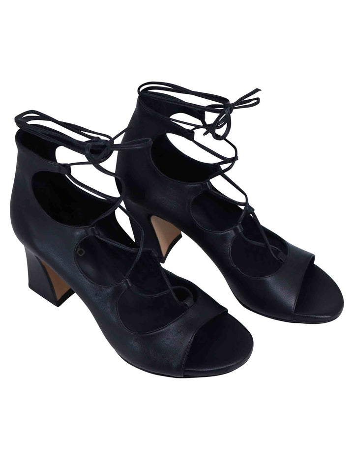 Spatarella Sandali Donna In Pelle Nera Con Lacci Alla Caviglia E Tallone Chiuso