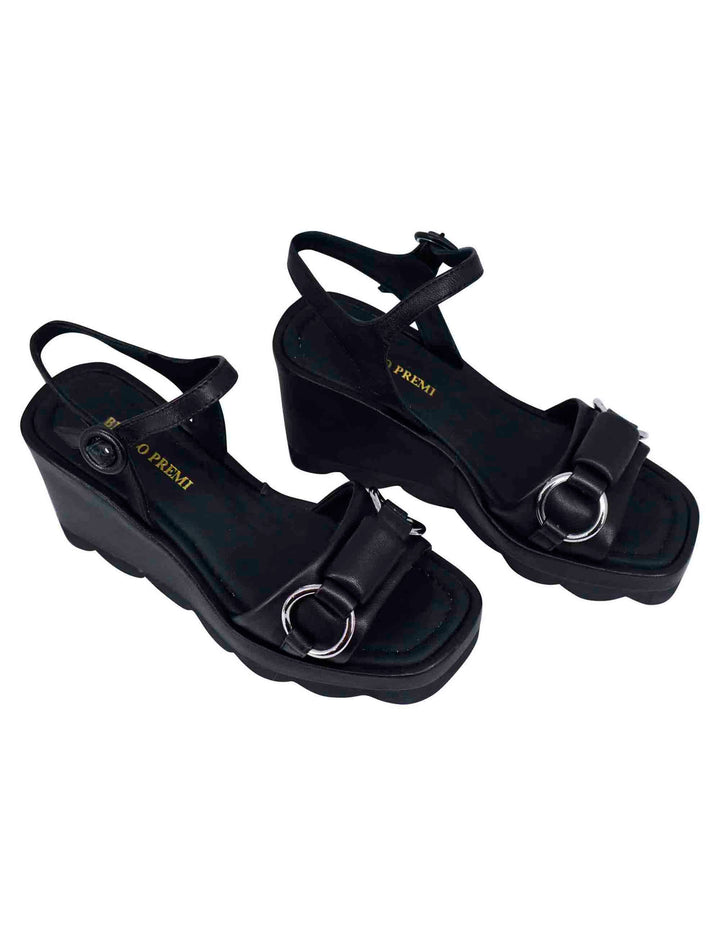 Spatarella Sandali Donna In Pelle Nera Con Zeppa Alta E Cinturino Alla Caviglia