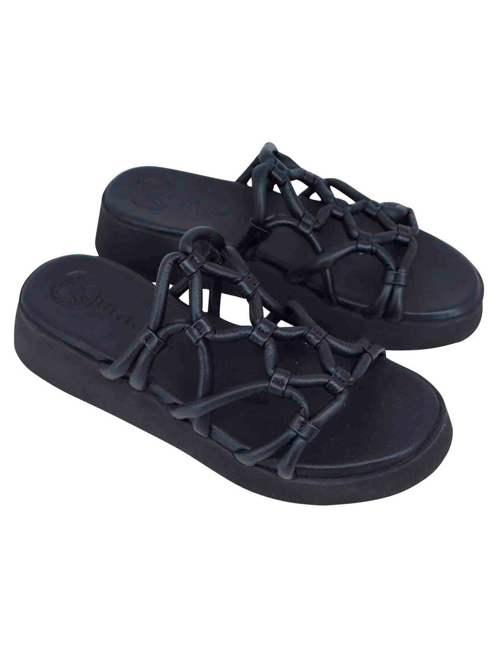 Spatarella Sandali Donna In Pelle Nera Con Zeppa In Gomma