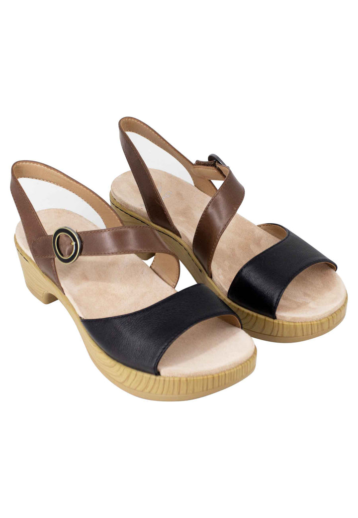 Spatarella Sandali Donna In Pelle Nera E Marrone Con Zeppa E Cinturino