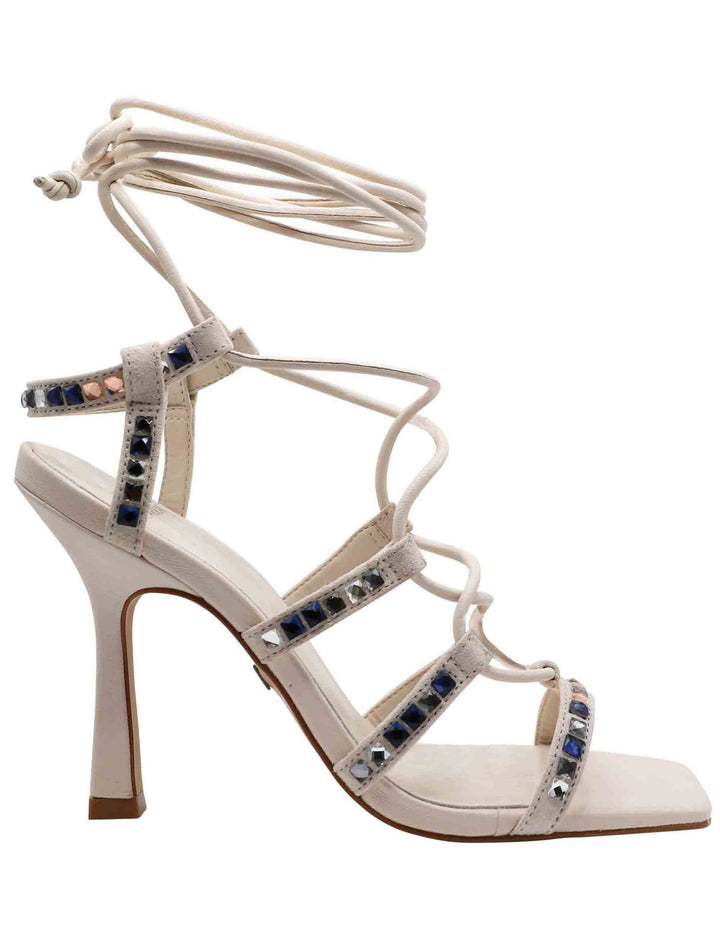 Spatarella Sandali Donna In Pelle Off White Con Borchie Tacco Alto Punta Quadra E Laccetti Alla Caviglia
