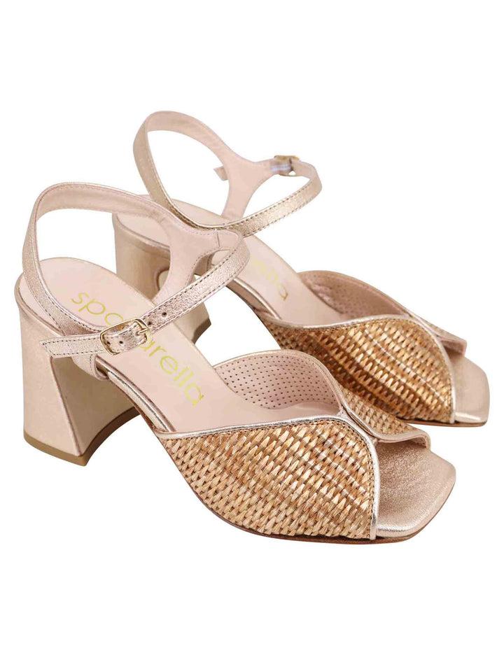 Spatarella Sandali Donna In Pelle Oro Laminata Con Tacco Alto E Cinturino Alla Caviglia