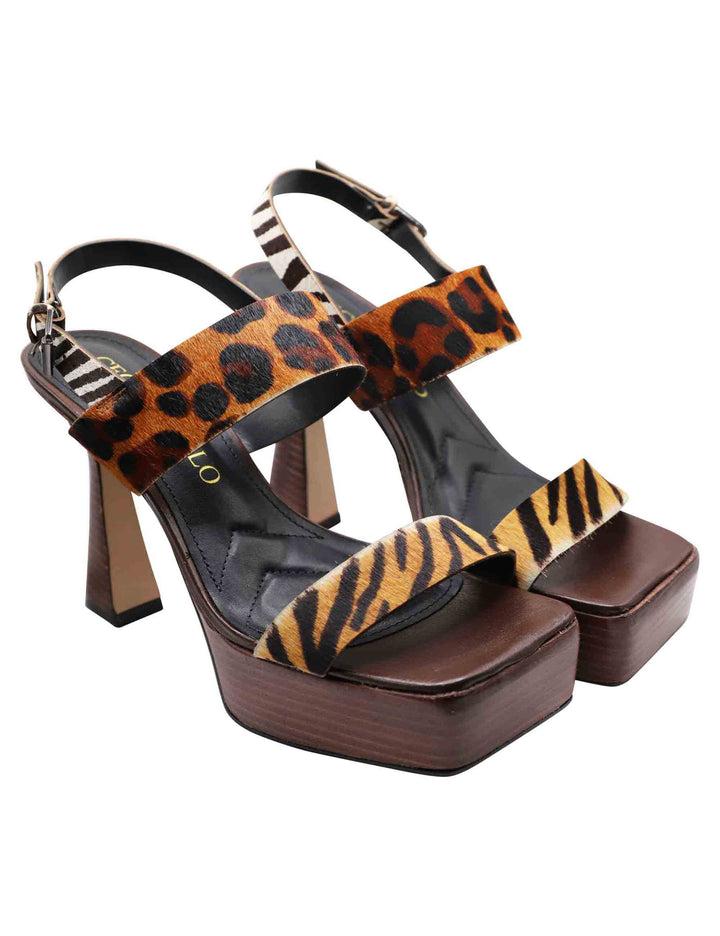 Spatarella Sandali Donna In Pelle Stampata Animalier Con Tacco Alto E Punta Quadra