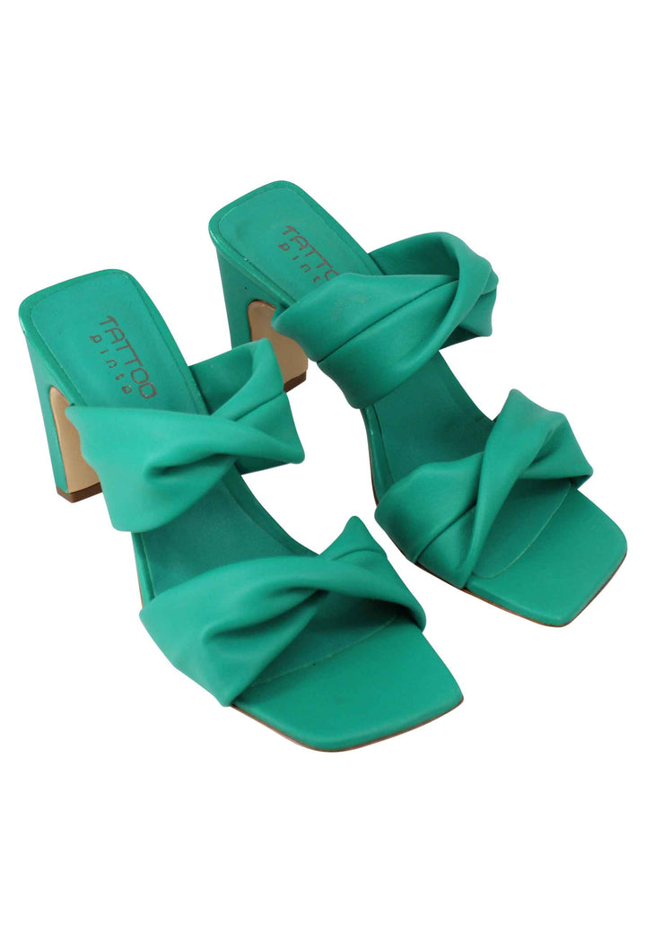 Spatarella Sandali Donna In Pelle Verde A Doppia Fascia Con Tacco Alto E Punta Quadra