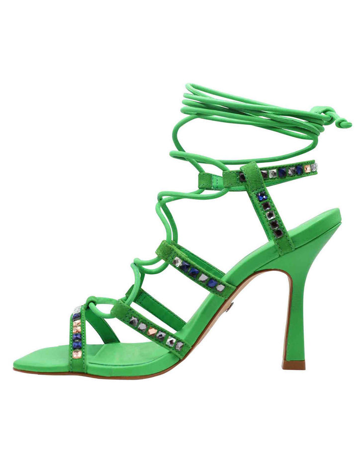 Spatarella Sandali Donna In Pelle Verde Con Borchie Tacco Alto Punta Quadra E Laccetti Alla Caviglia