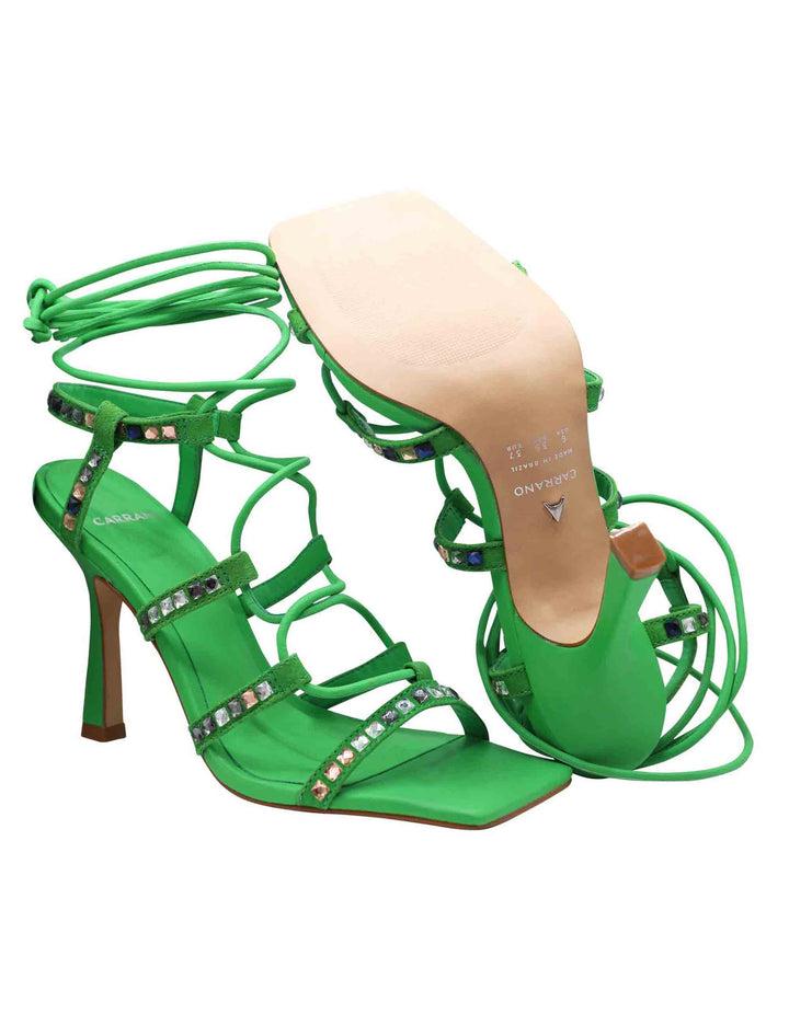 Spatarella Sandali Donna In Pelle Verde Con Borchie Tacco Alto Punta Quadra E Laccetti Alla Caviglia