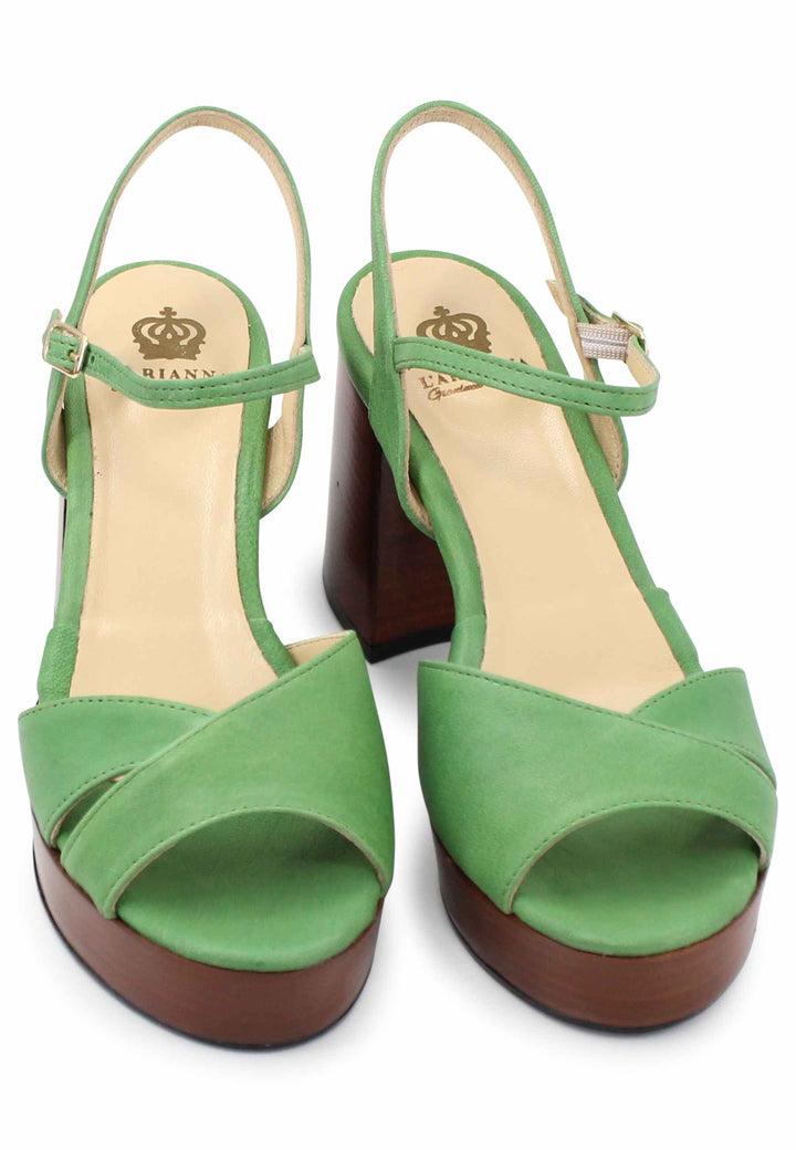 Spatarella Sandali Donna In Pelle Verde Con Cinturino E Tacco E Plateau In Cuoio