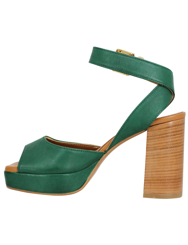 Spatarella Sandali Donna In Pelle Verde Con Tacco Alto In Cuoio E Plateau