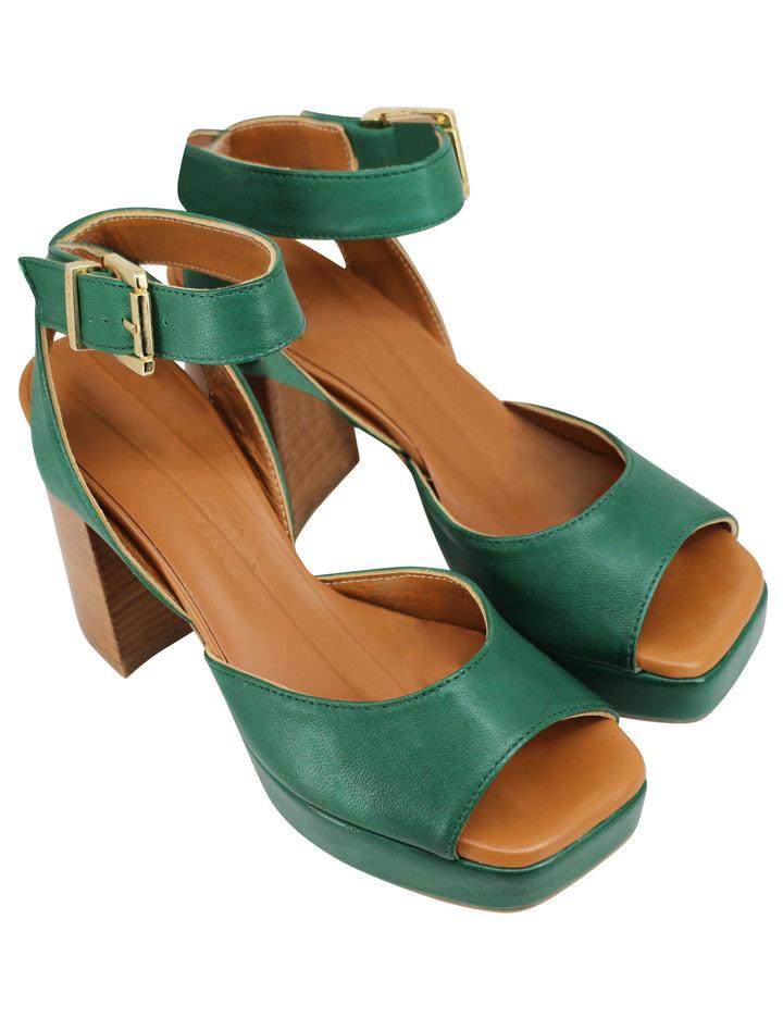 Spatarella Sandali Donna In Pelle Verde Con Tacco Alto In Cuoio E Plateau