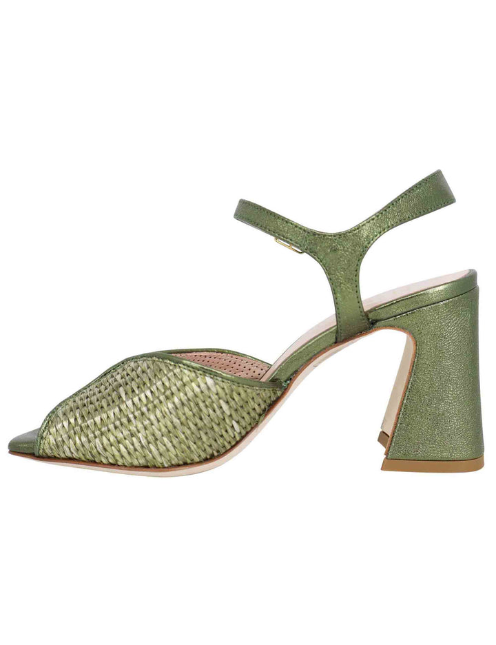 Spatarella Sandali Donna In Pelle Verde Laminata Con Tacco Alto E Cinturino Alla Caviglia