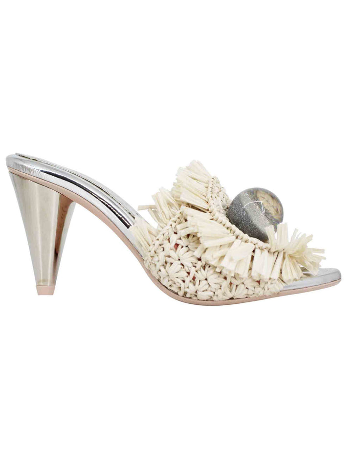 Spatarella Sandali Donna In Rafia Beige Con Gioiello E Tacco Alto In Argento