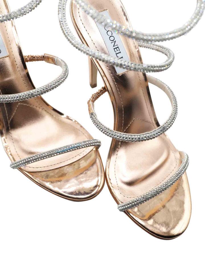 Spatarella Sandali Donna In Strass Argento Con Tacco Alto E Cavigliera A Serpente