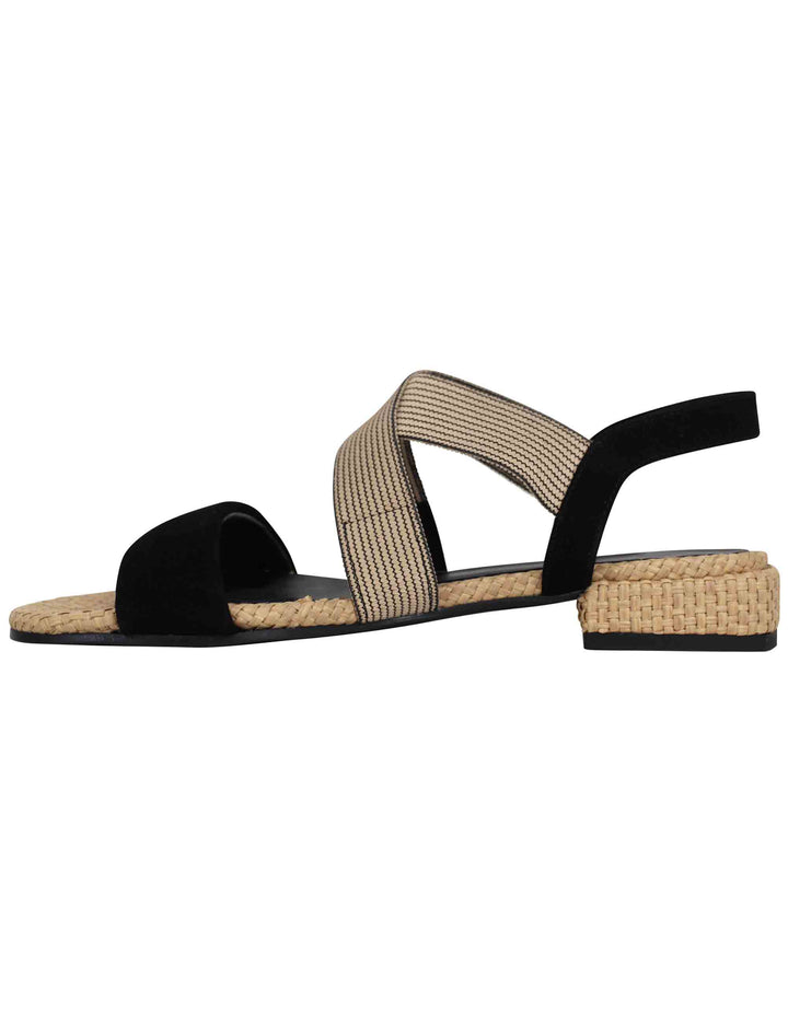 Spatarella Sandali Donna In Tessuto Beige E Camoscio Nero Con Tacco Basso