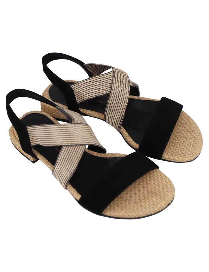 Spatarella Sandali Donna In Tessuto Beige E Camoscio Nero Con Tacco Basso
