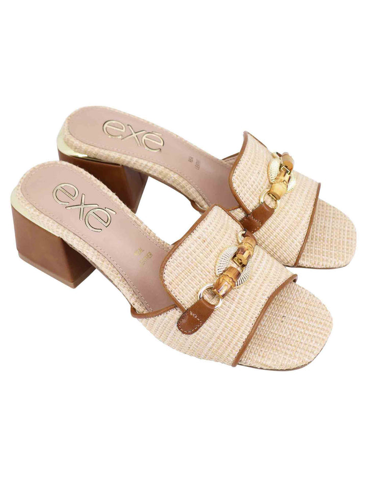 Spatarella Sandali Donna In Tessuto Beige E Cuoio Con Morsetto