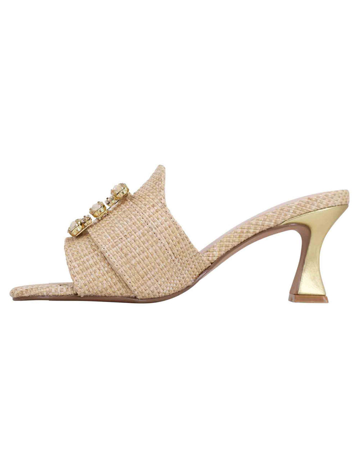 Spatarella Sandali Donna In Tessuto Rafia Beige Con Morsetto E Tacco Oro