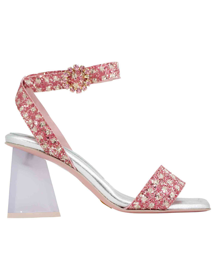 Spatarella Sandali Donna In Tessuto Rosa Con Punta Quadra E Tacco Alto