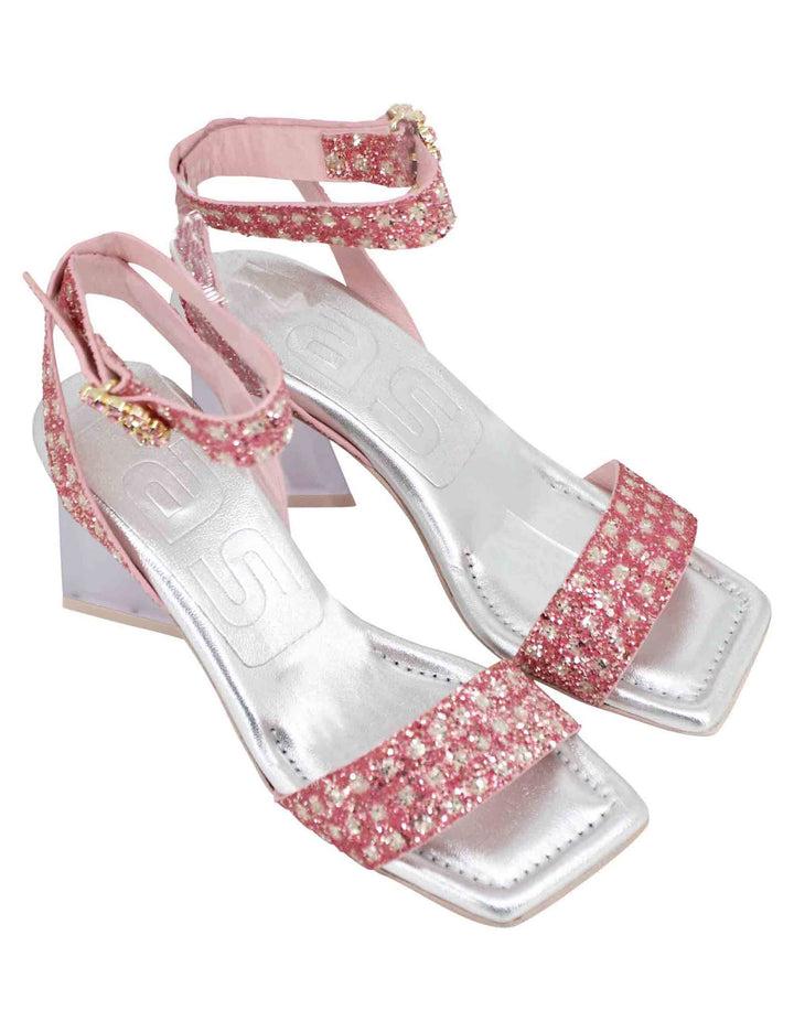 Spatarella Sandali Donna In Tessuto Rosa Con Punta Quadra E Tacco Alto
