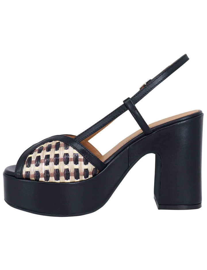 Spatarella Sandali Donna Slingback In Pelle Nera Bicolore Con Tacco Alto E Plateau