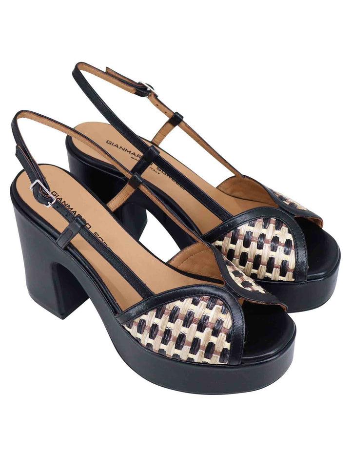 Spatarella Sandali Donna Slingback In Pelle Nera Bicolore Con Tacco Alto E Plateau