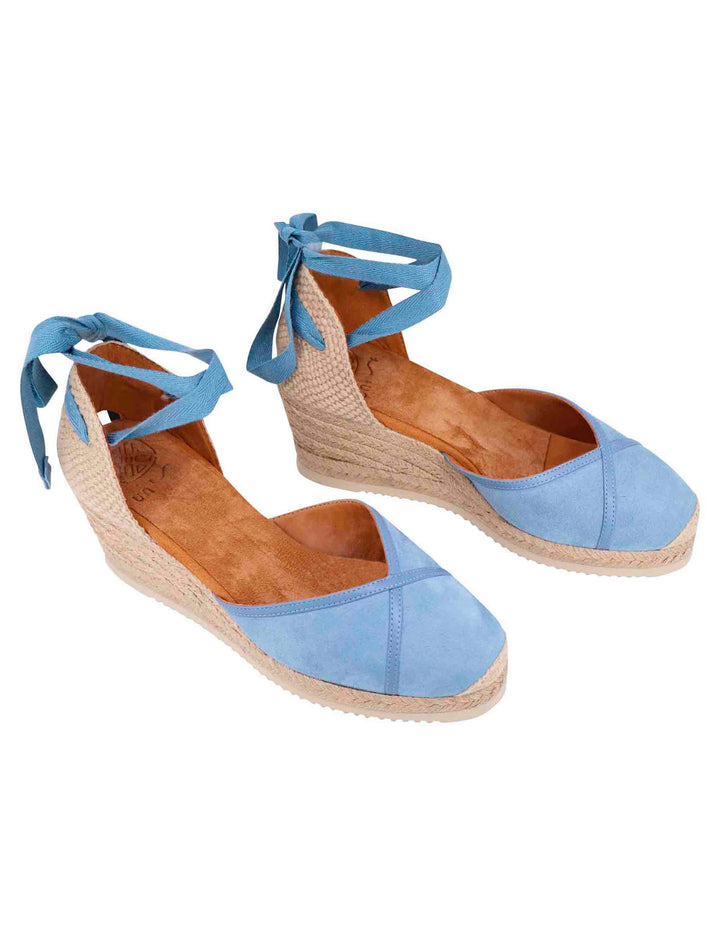 Spatarella Sandali Espadrillas Donna In Camoscio Celeste Con Zeppa In Corda