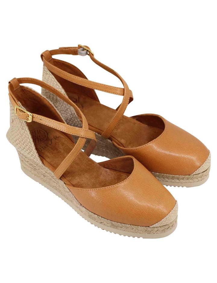 Spatarella Sandali Espadrillas Donna In Pelle Cuoio Con Zeppa Bassa