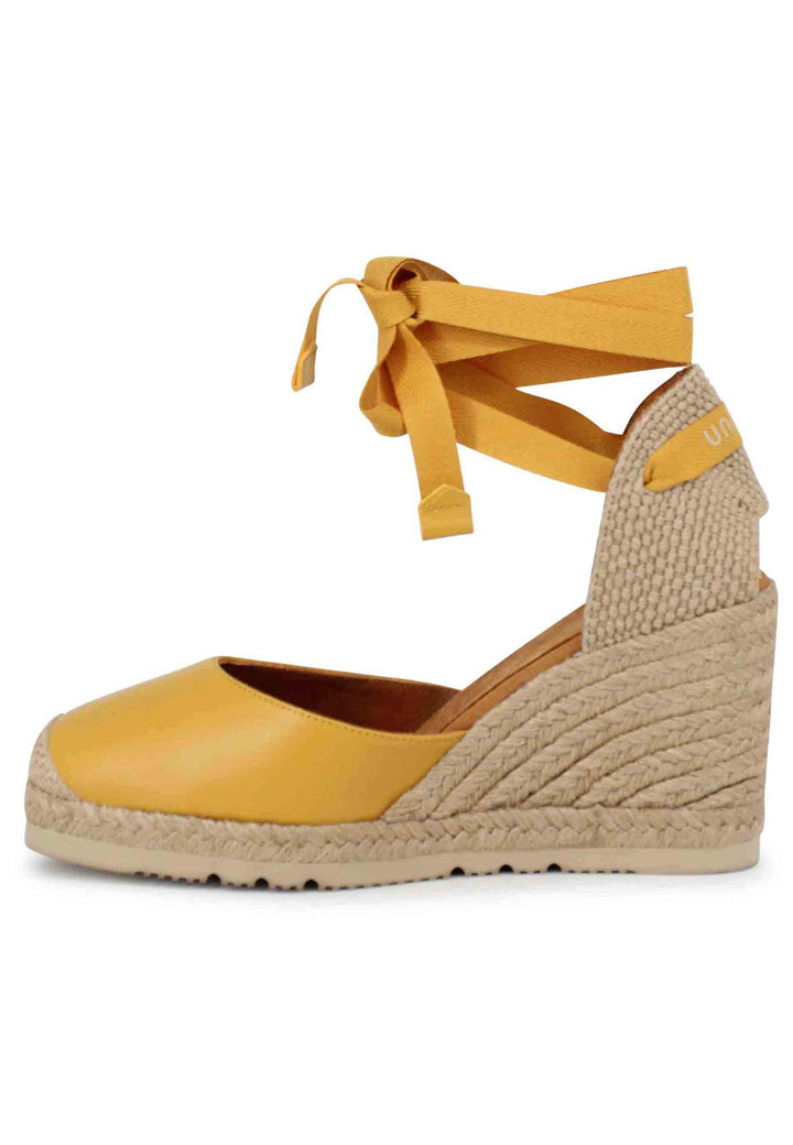 Spatarella Sandali Espadrillas Donna In Pelle Gialla Con Lacci Alla Caviglia E Zeppa Alta