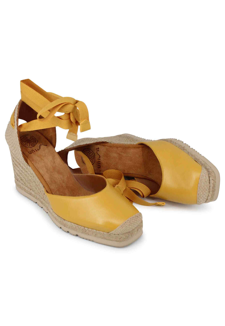 Spatarella Sandali Espadrillas Donna In Pelle Gialla Con Lacci Alla Caviglia E Zeppa Alta