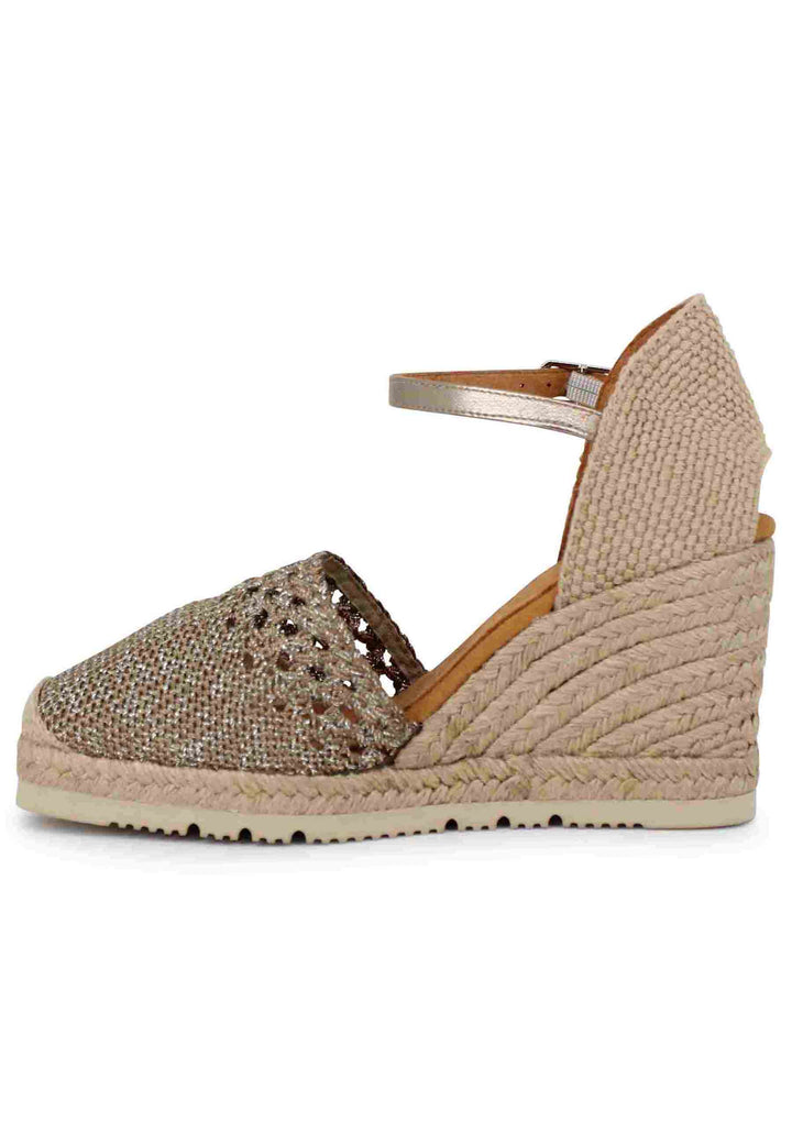 Spatarella Sandali Espadrillas Donna In Tessuto Laminato Bronzo Con Cinturino Alla Caviglia E Zeppa Alta