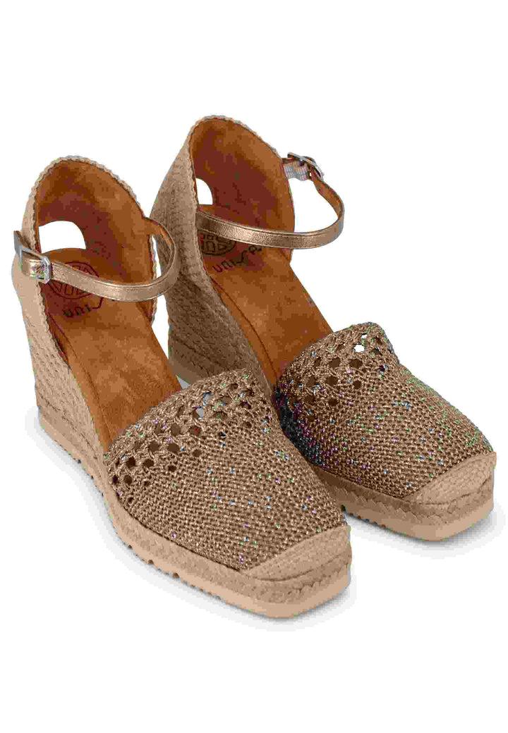 Spatarella Sandali Espadrillas Donna In Tessuto Laminato Bronzo Con Cinturino Alla Caviglia E Zeppa Alta