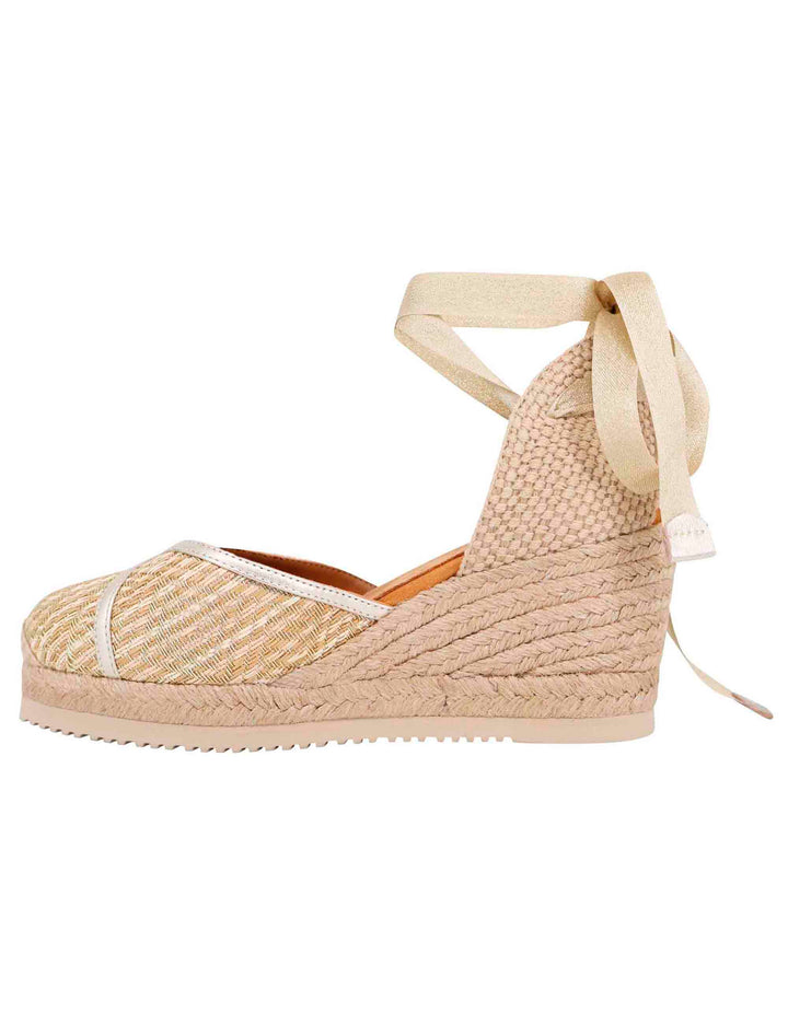 Spatarella Sandali Espadrillas Donna In Tessuto Oro E Platino Con Zeppa In Corda
