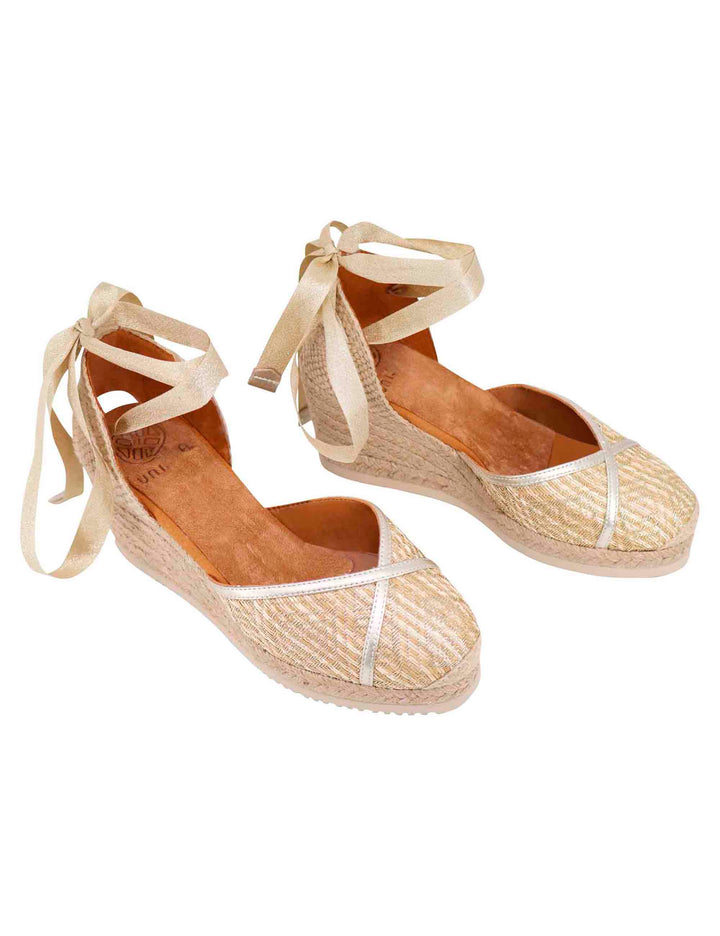 Spatarella Sandali Espadrillas Donna In Tessuto Oro E Platino Con Zeppa In Corda