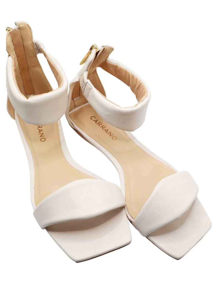 Spatarella Sandali Flat Donna In Pelle Avorio Con Cinturino Alla Caviglia Zip Posteriore E Punta Quadra