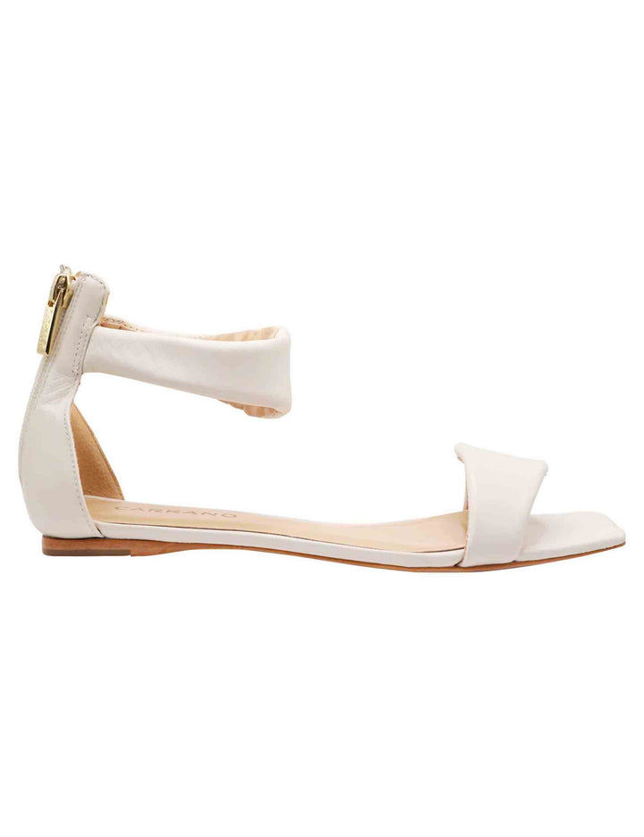 Spatarella Sandali flat donna in pelle avorio con cinturino alla caviglia zip posteriore e punta quadra