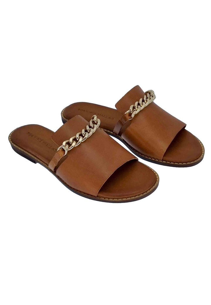 Spatarella Sandali Flat Donna In Pelle Cuoio Con Catena Oro