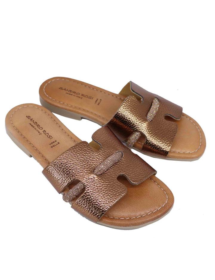 Spatarella Sandali Flat Donna In Pelle Laminata Bronzo Con Stass