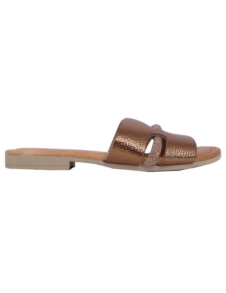 Spatarella Sandali flat donna in pelle laminata bronzo con stass