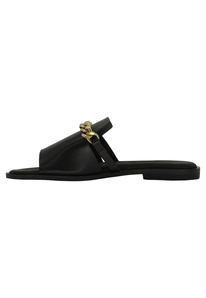 Spatarella Sandali Flat Donna In Pelle Nera Con Catena Oro