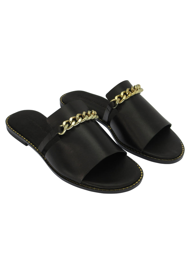 Spatarella Sandali Flat Donna In Pelle Nera Con Catena Oro