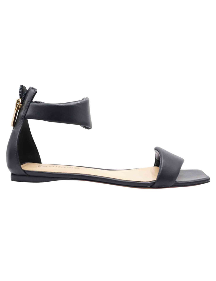 Spatarella Sandali Flat Donna In Pelle Nera Con Cinturino Alla Caviglia Zip Posteriore E Punta Quadra