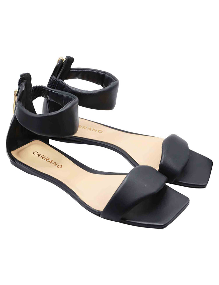 Spatarella Sandali Flat Donna In Pelle Nera Con Cinturino Alla Caviglia Zip Posteriore E Punta Quadra