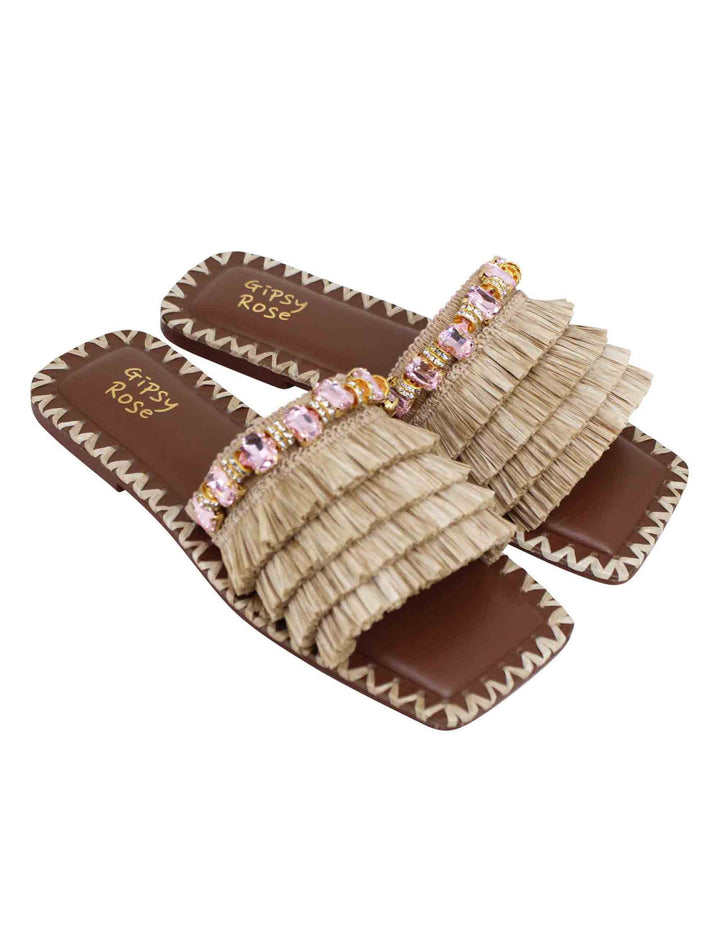 Spatarella Sandali Flat Donna In Rafia Beige Con Pietre E Punta Quadra