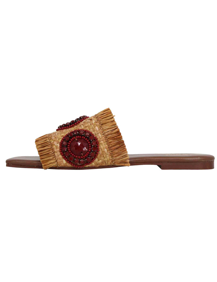 Spatarella Sandali Flat Donna In Rafia Cuoio Con Accessori E Punta Quadra